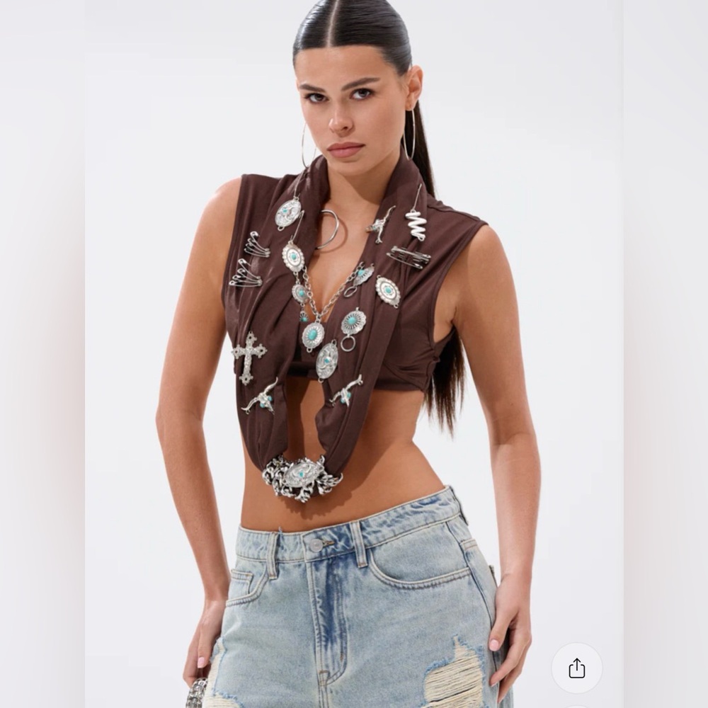 Akira Cowl Neck Brown Embellished Top Blouse - Small